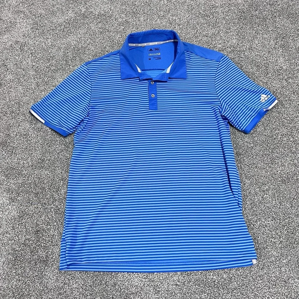 Adidas Climachill Polo Shirt Blue Striped Short Sleeve Golf Men's Medium